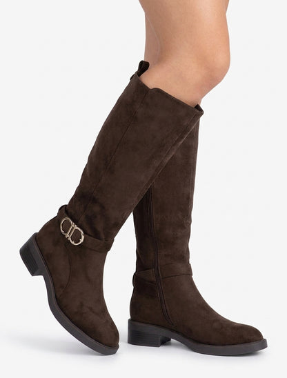 Bottes en suédine à boucle et bouts ronds - Chocolat