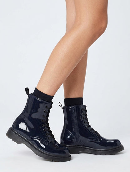 Bottines vernies à lacets - Bleu nuit