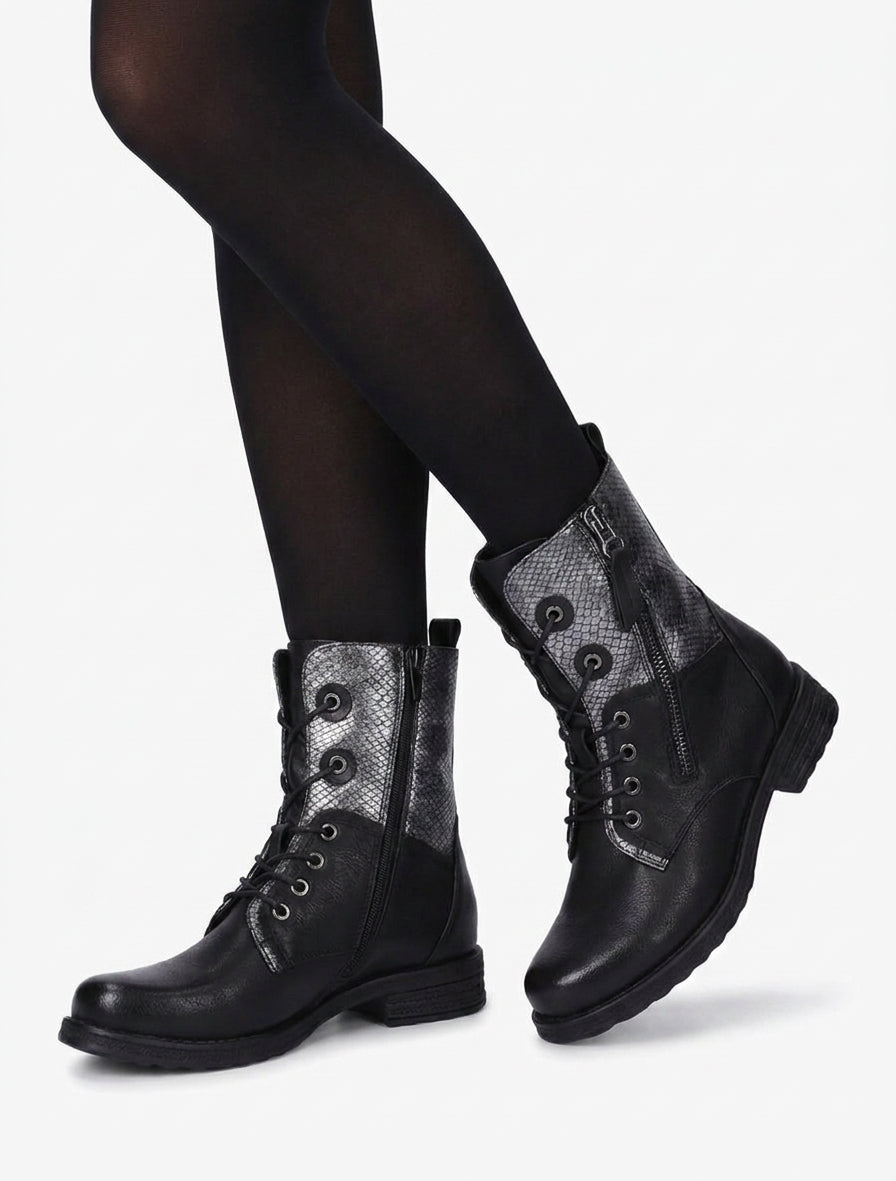 Bottines lacées à cheville effet python irisé - Noir