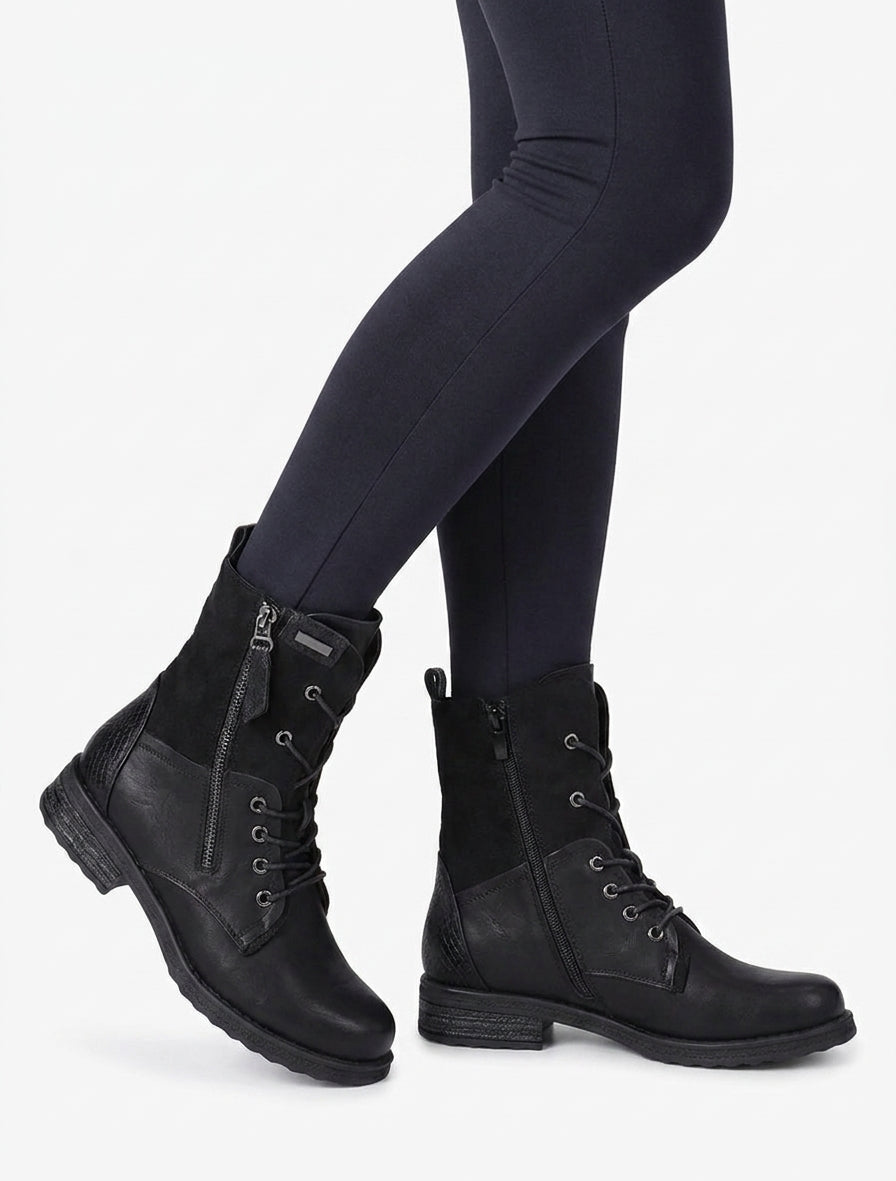 Bottines lacées à zip et empiècement python - Noir
