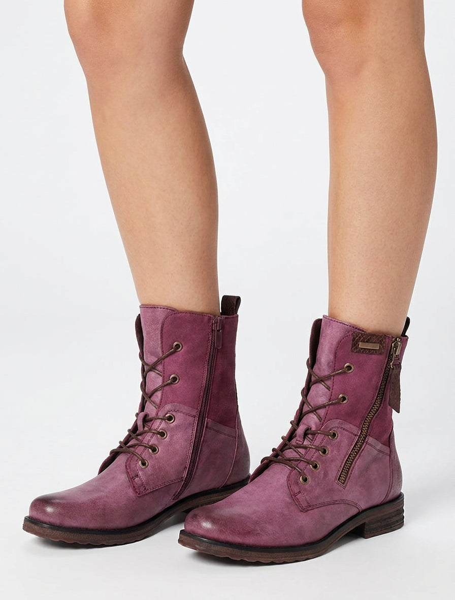 Bottines lacées à zip et empiècement python - Lie de vin