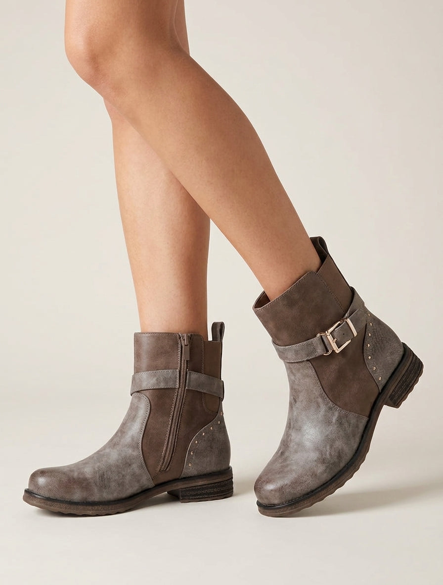 Bottines à sangle décorative et empiècement python - Taupe