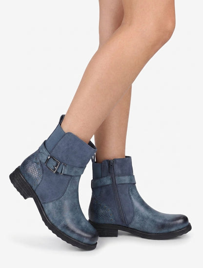 Bottines à sangle décorative et empiècement python - Bleu