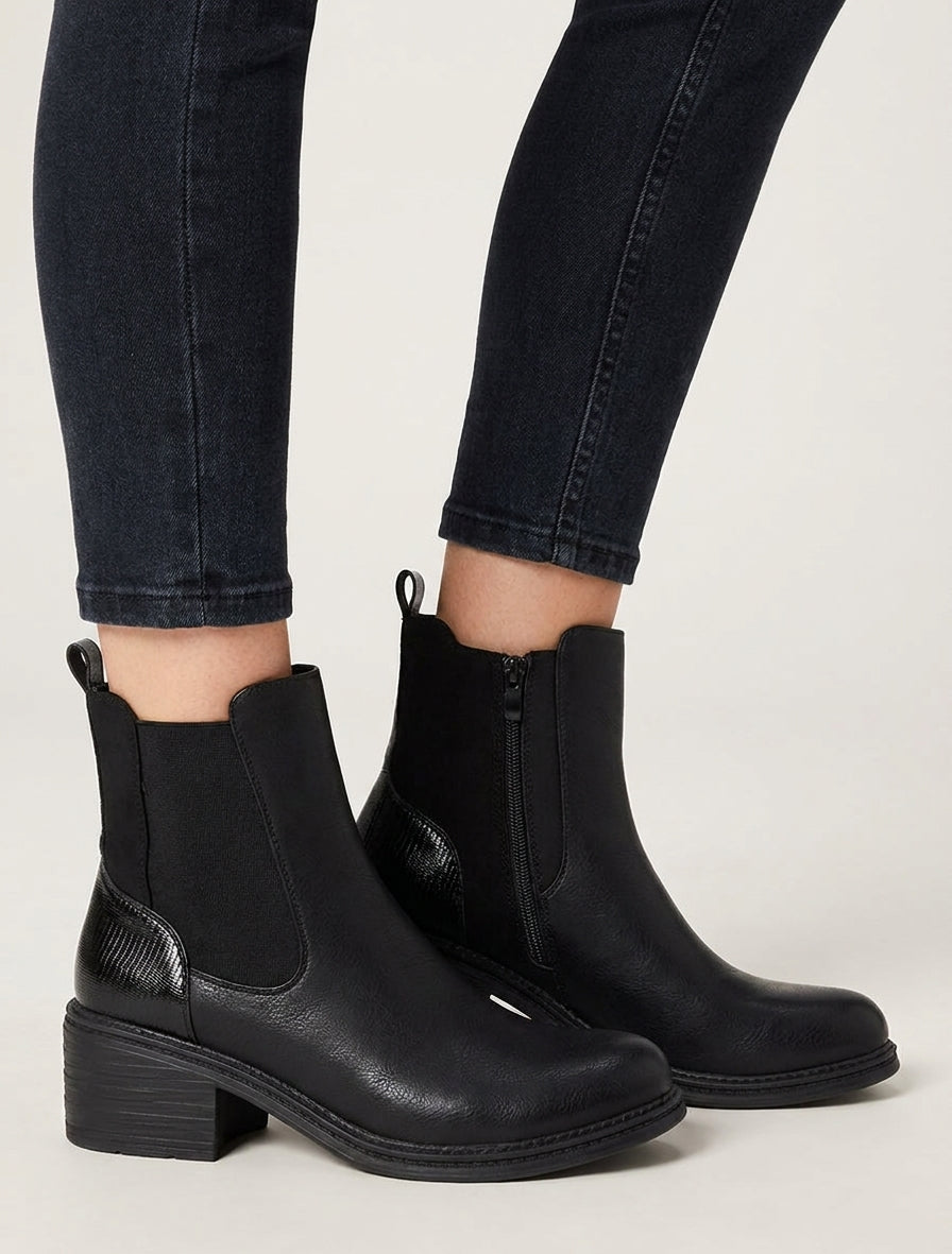 Bottines bimatière à contrefort effet python - Noir