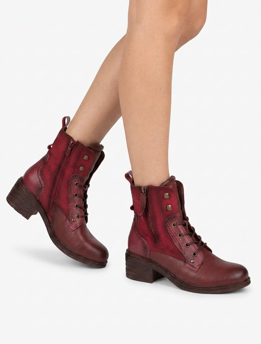 Bottines lacées à zip décoratif - Rouge