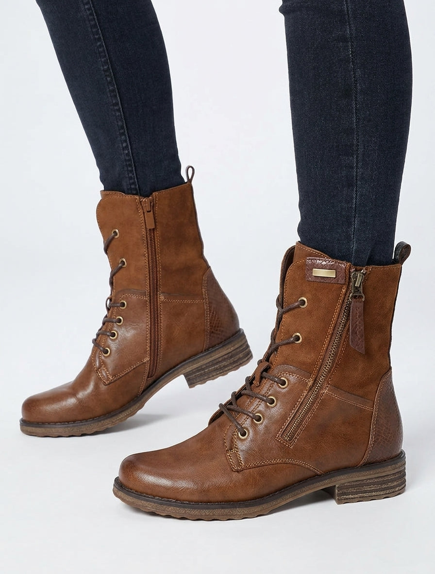 Bottines bimatière à lacets - Camel