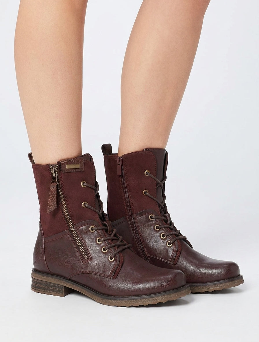 Bottines bimatière à lacets - Lie de vin