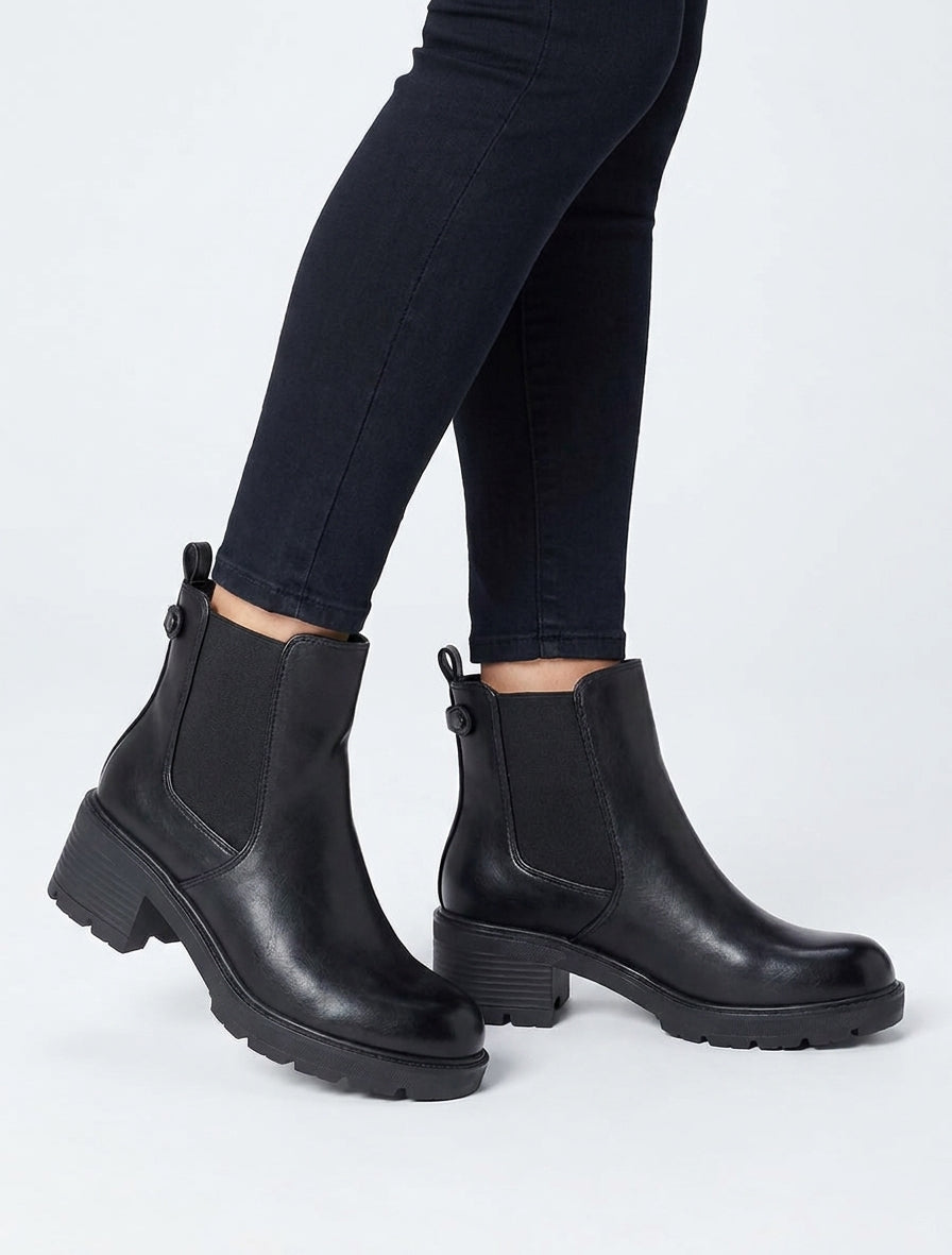 Bottines élastiquées en simili à semelle crantée - Noir