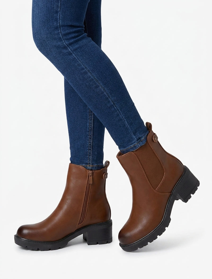 Bottines élastiquées en simili à semelle crantée - Camel