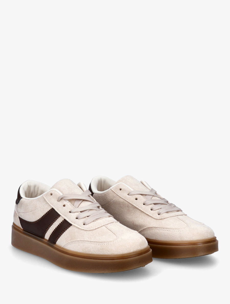 Sneakers en suédine à bandes contrastantes - Beige - 4