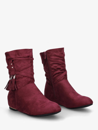 Bottines montantes en suédine à pompons - Bordeaux - 4