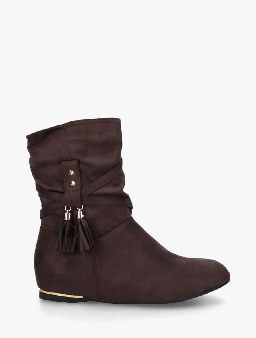 Bottines montantes en suédine à pompons - Marron - 1