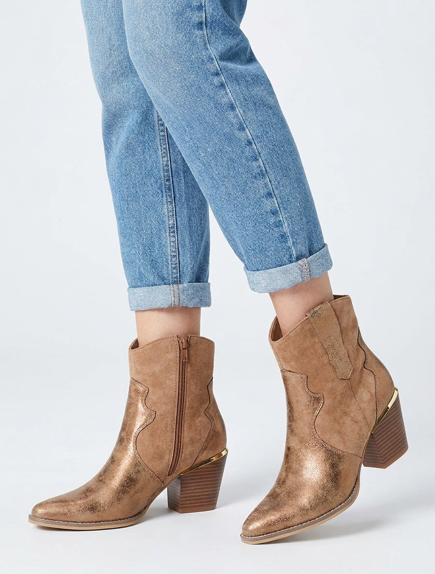 Bottines nacrées style santiag - Camel