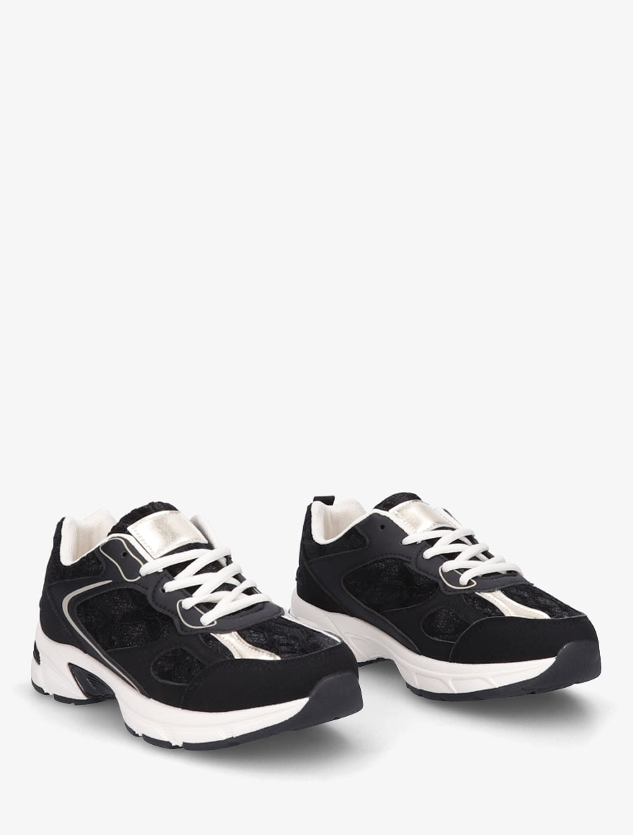 Baskets en simili à empiècement dentelle - Noir - 4