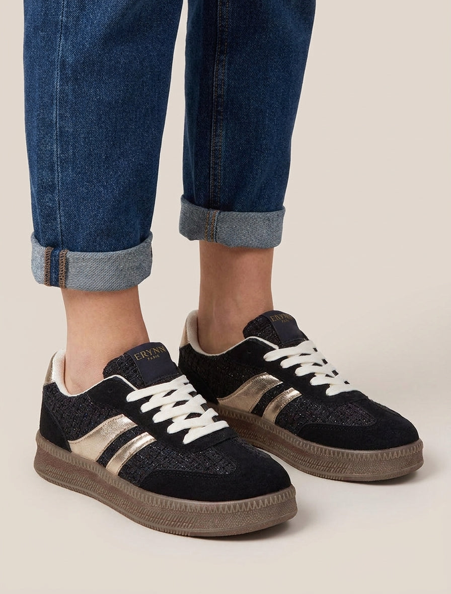 Sneakers met tweed-effect quarter - Zwart