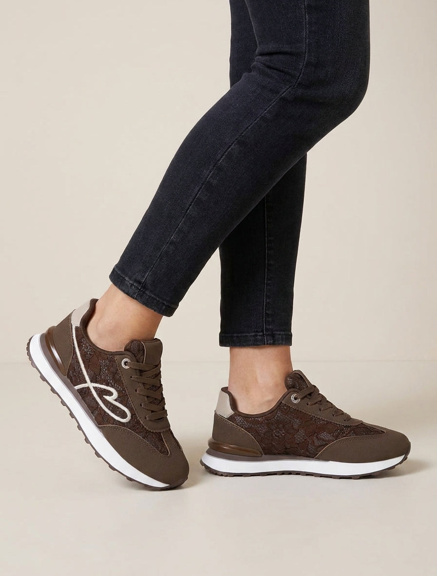 Basketseffet nubuck et dentelle pailletée - Marron
