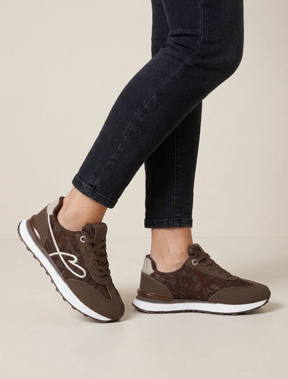 Basketseffet nubuck et dentelle pailletée - Marron