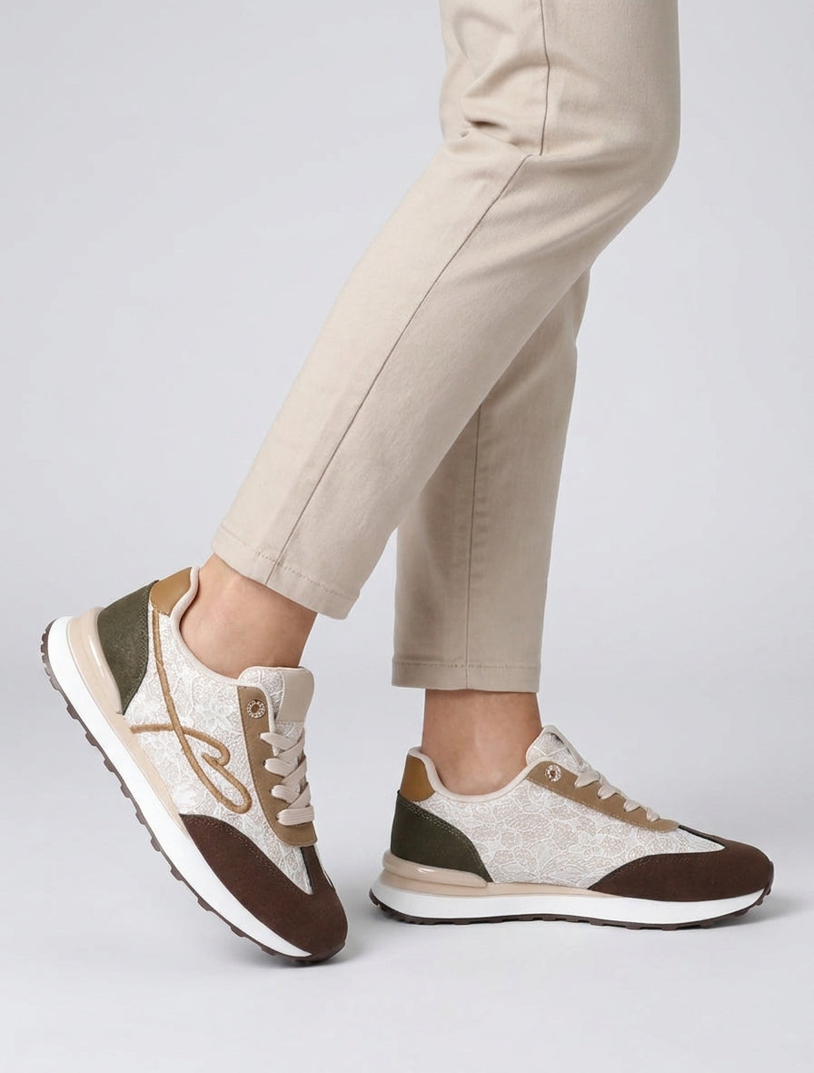 Baskets effet nubuck et dentelle pailletée - Beige/marron