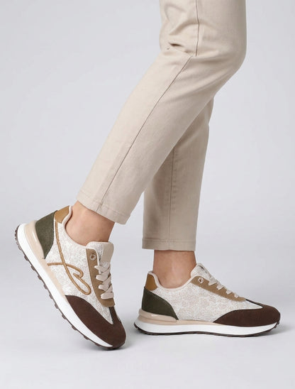 Baskets effet nubuck et dentelle pailletée - Beige/marron