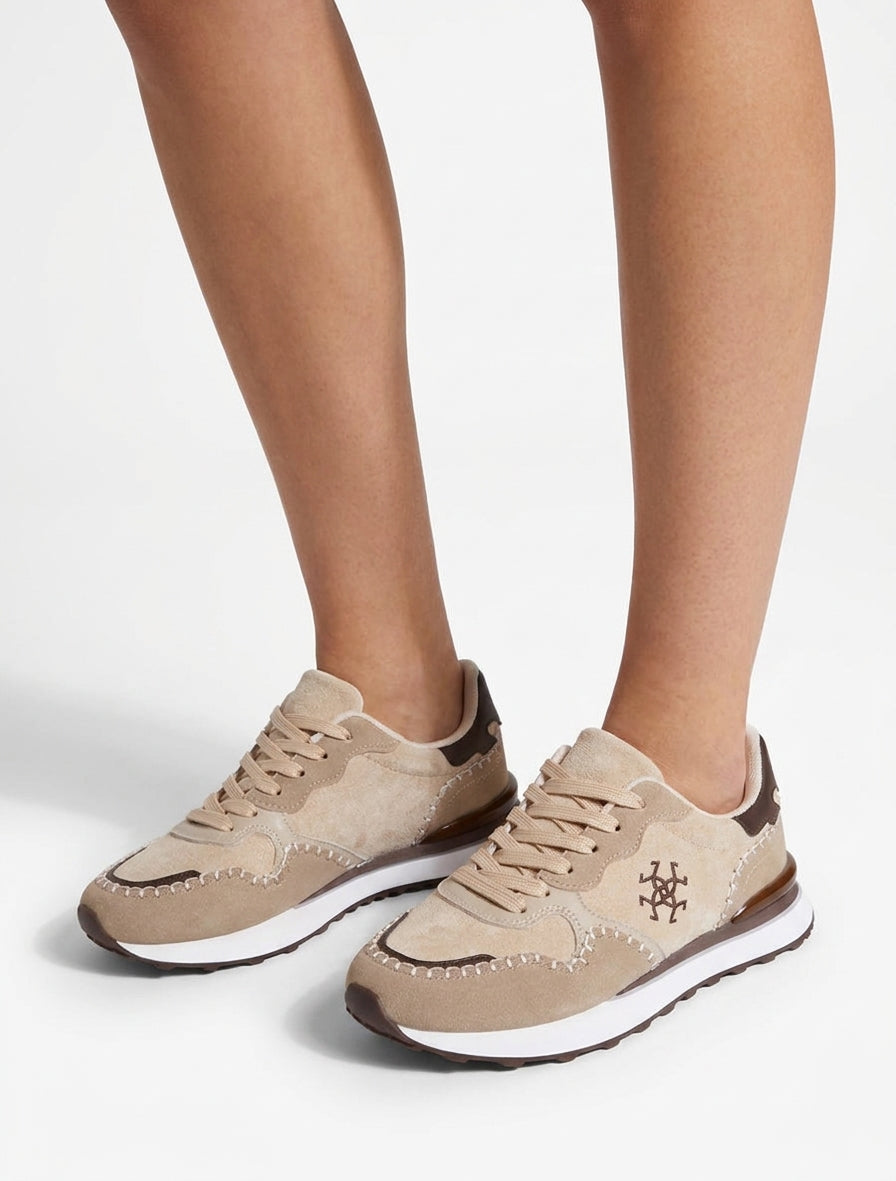 Sneakers à empiècement effet nubuck et suédine - Beige