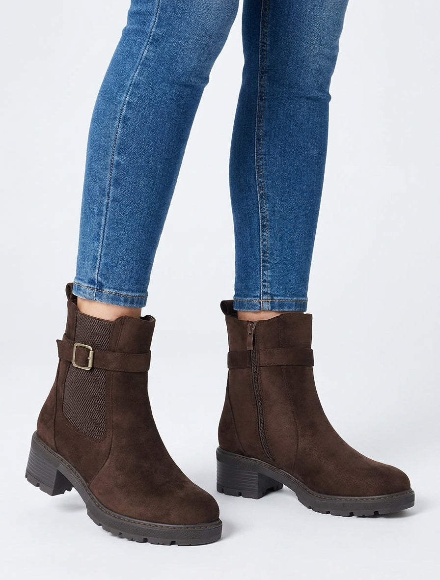 Bottines en suédine à cheville élastiquée - Marron