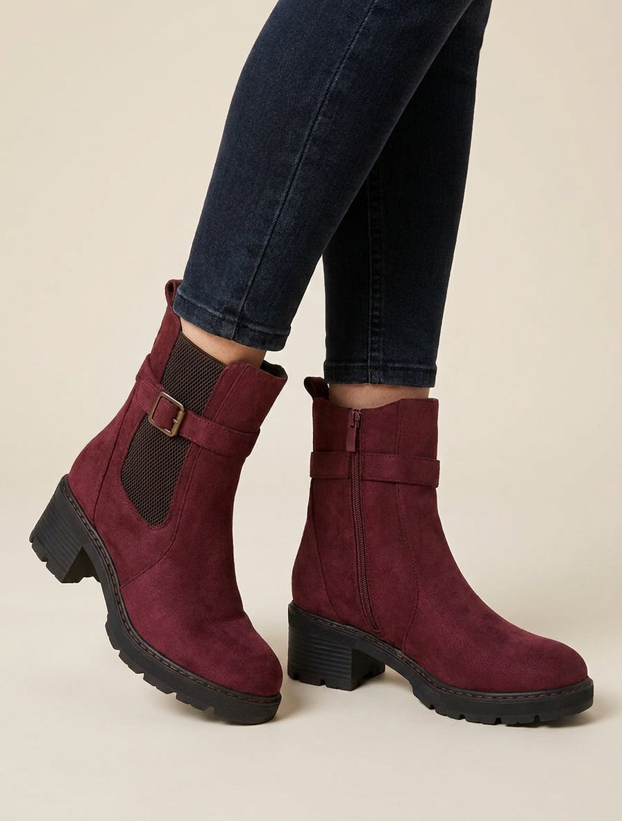 Bottines en suédine à cheville élastiquée - Lie de vin