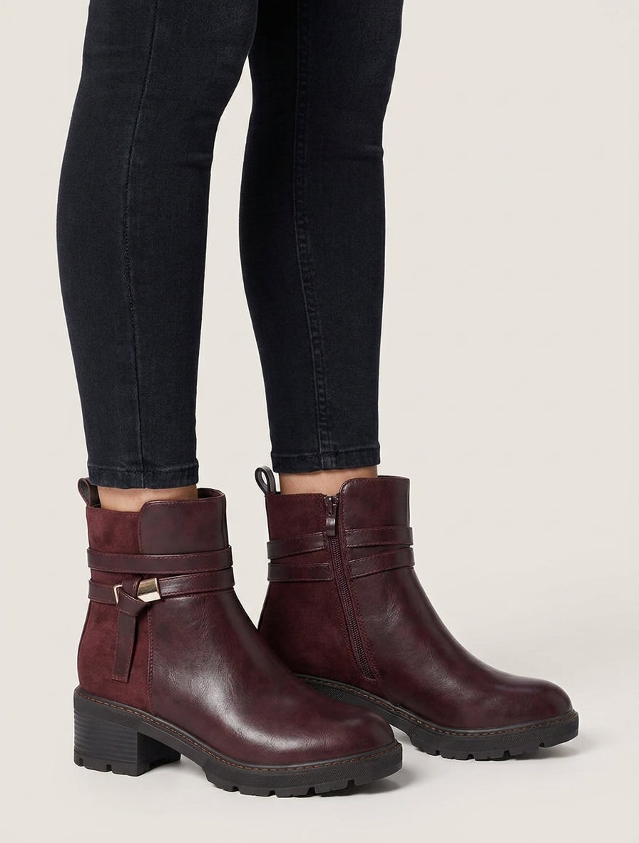 Bottines en simili et suédine - Bordeaux