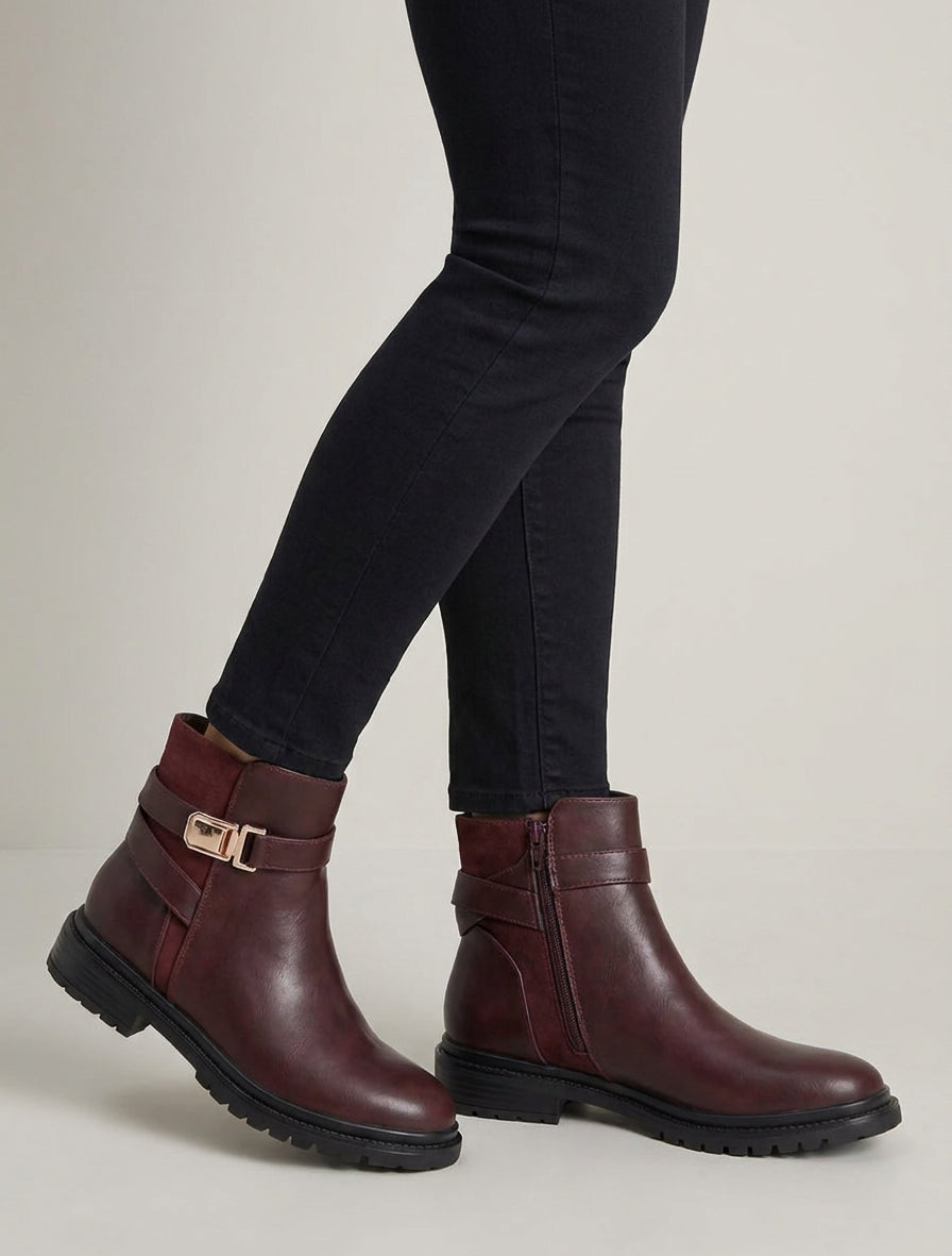 Bottines en simili à empiècement en suédine - Bordeaux