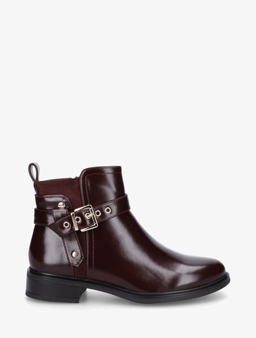 Bottines en simili avec sangle décorative - Bordeaux - 1