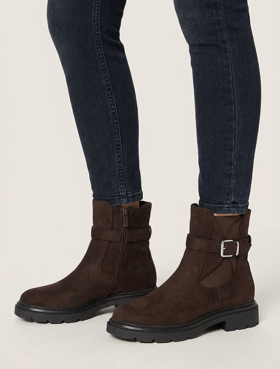 Bottines élastiquées en suédine à boucle - Marron