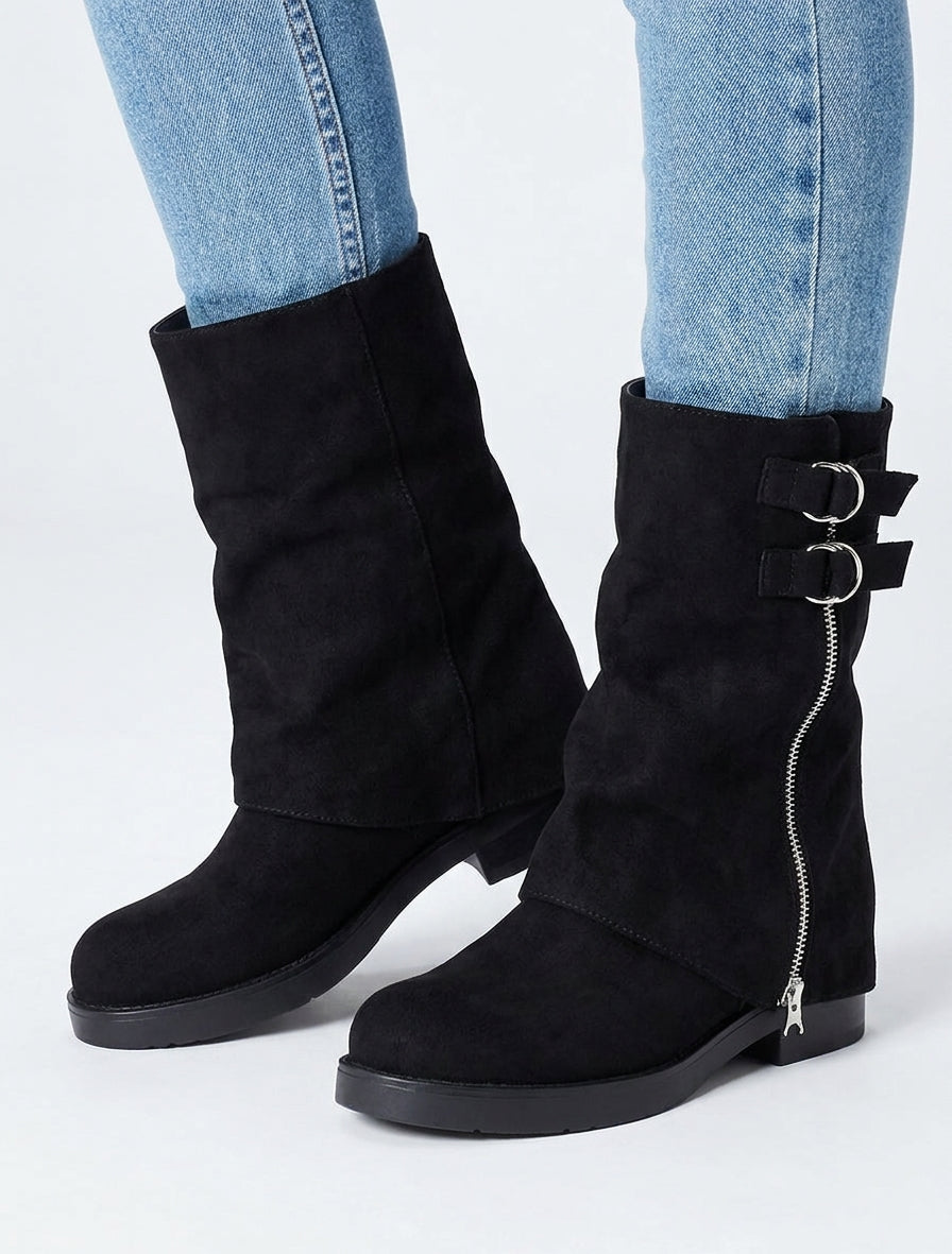 Bottines renversées en suédine à zip décoratif - Noir