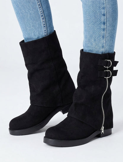 Bottines renversées en suédine à zip décoratif - Noir