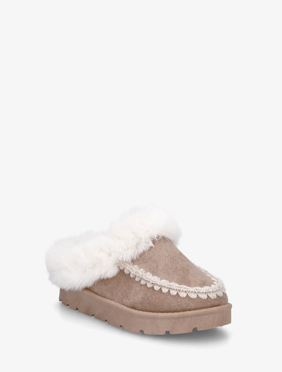 Mules fourrées en suédine à broderies - Taupe - 2