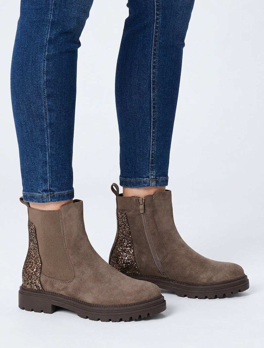 Bottines en suédine à contrefort pailleté - Taupe foncé