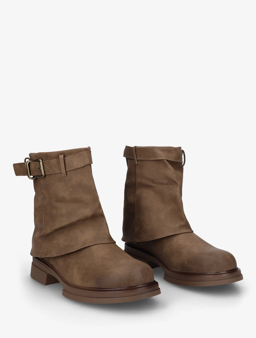 Bottines fourreau en simili avec sangle à boucle décorative - Beige foncé - 4