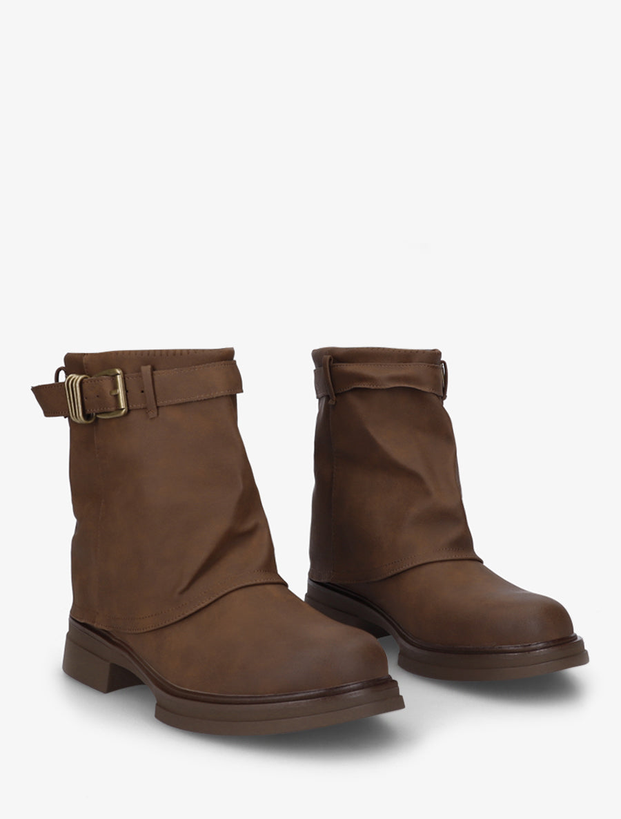 Bottines fourreau en simili avec sangle à boucle décorative - Marron - 4