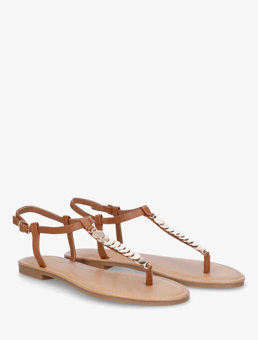 Nu-pieds bride en T à bijoux - Camel - 5