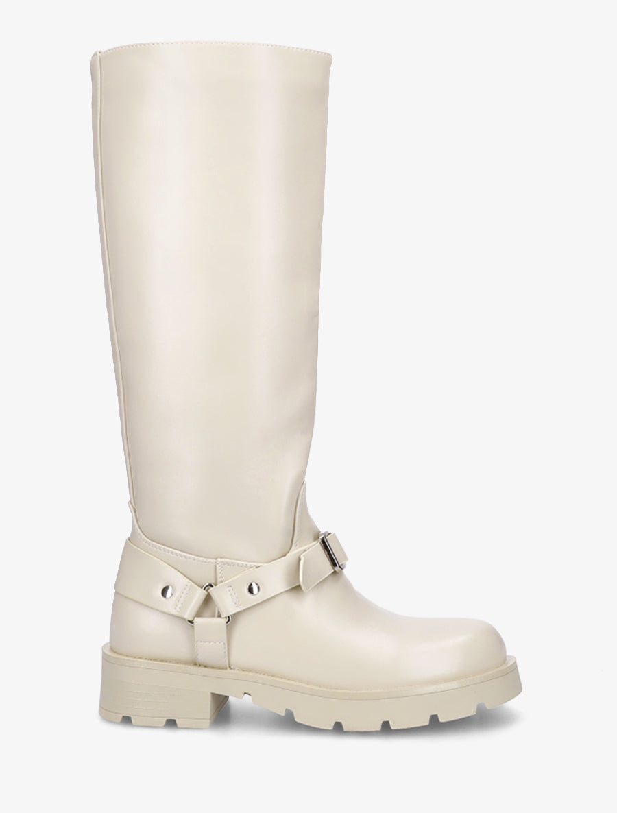 Bottes en simili à harnet et boucle décoratifs - Blanc crème - 1