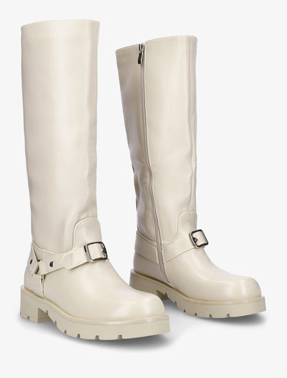 Bottes en simili à harnet et boucle décoratifs - Blanc crème - 4