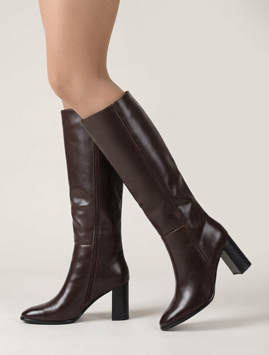 Bottes à talon simili classiques - Chocolat