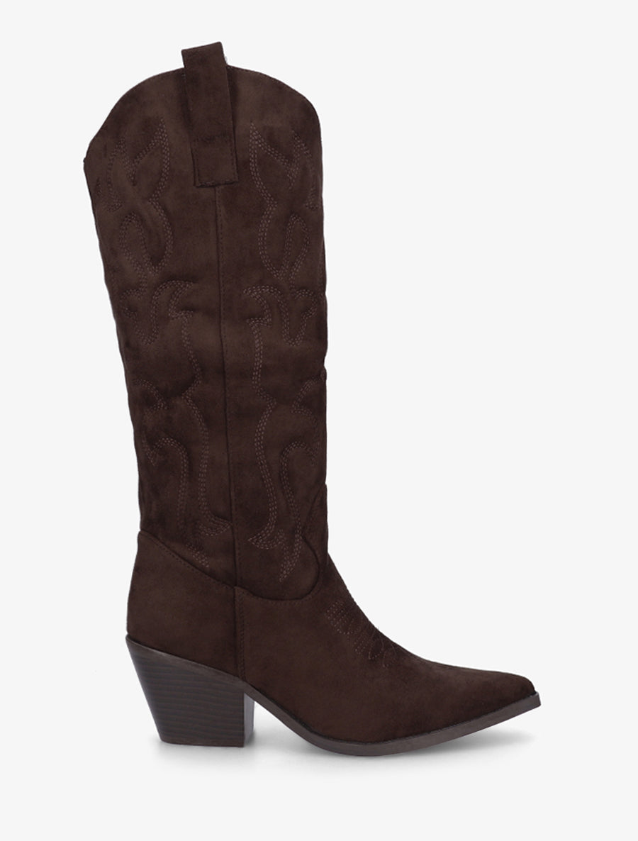 Bottes en suédine style santiag avec coutures en relief - Chocolat - 1