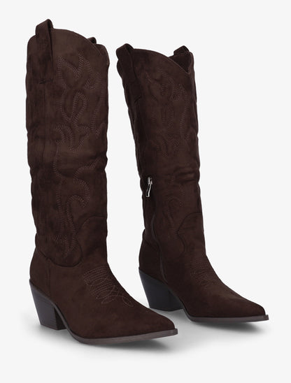 Bottes en suédine style santiag avec coutures en relief - Chocolat - 4