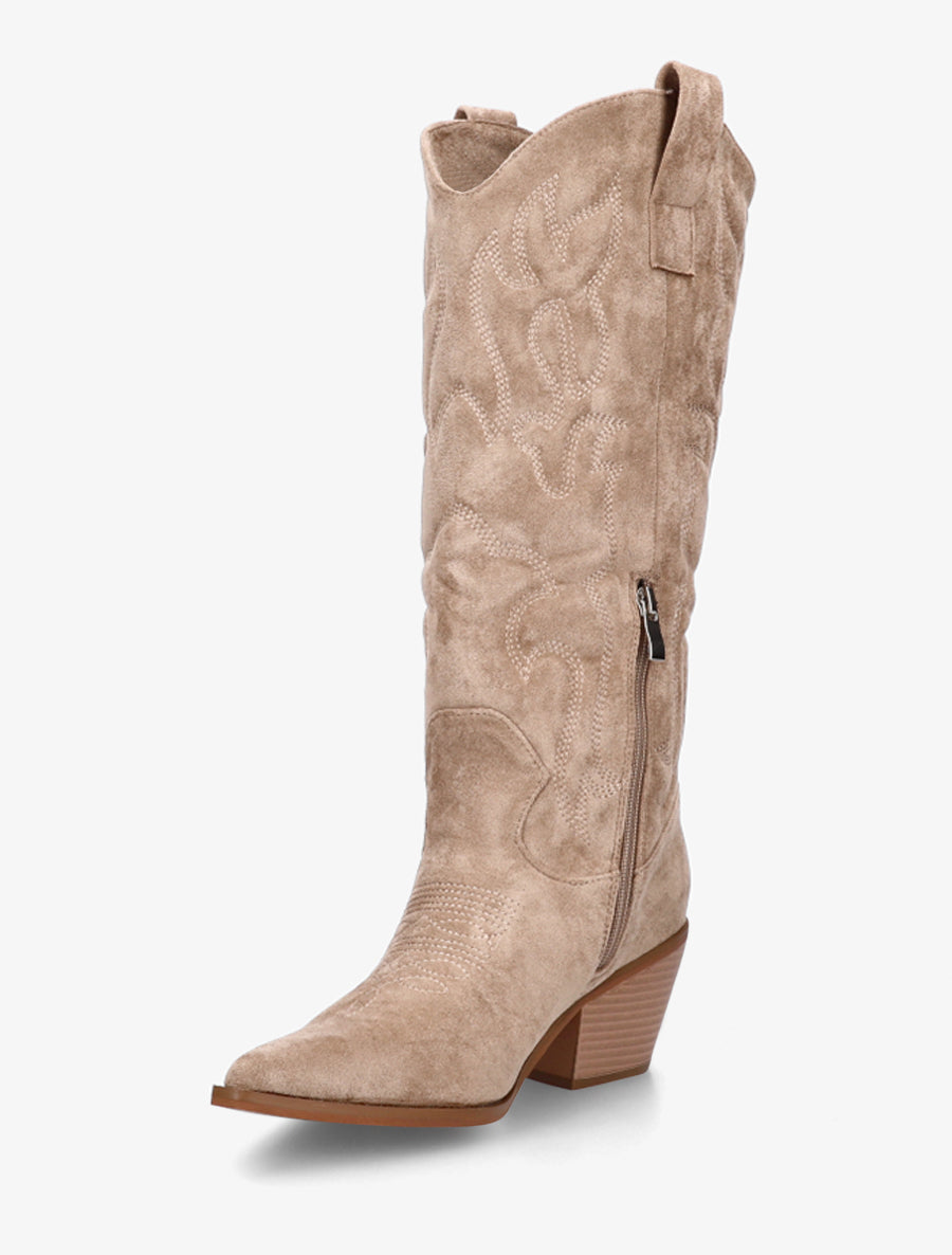 Bottes en suédine style santiag avec coutures en relief - Beige foncé - 3