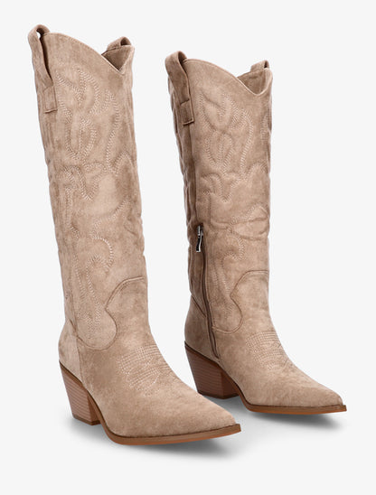 Bottes en suédine style santiag avec coutures en relief - Beige foncé - 4