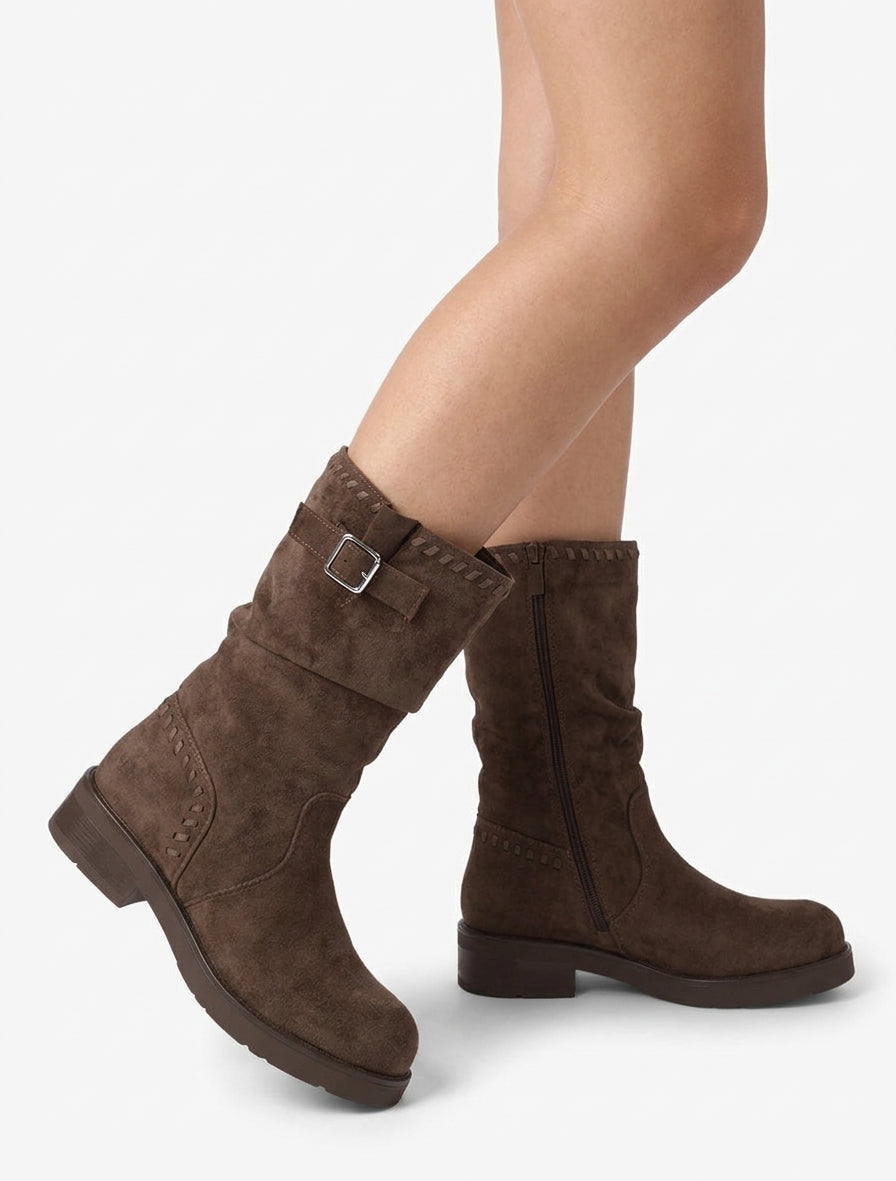 Bottines plissées à bouts ronds - Marron