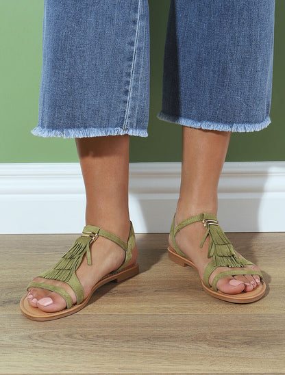 Nu-pieds à franges à empiècement métal - Kaki - 1