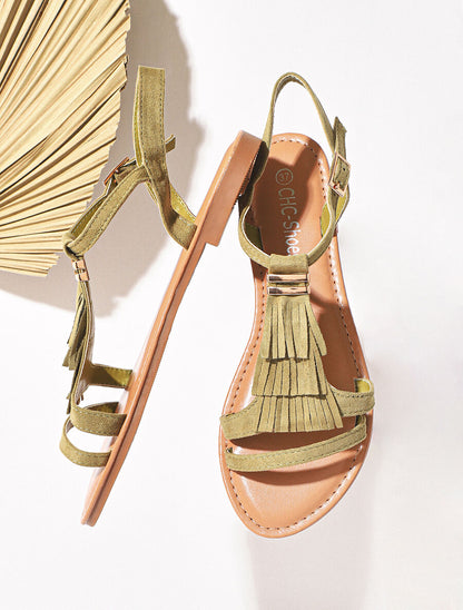 Nu-pieds à franges à empiècement métal - Kaki - 6