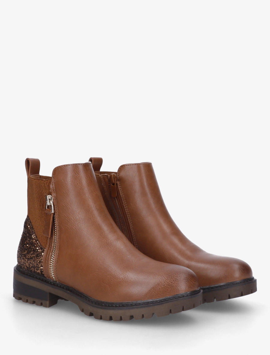 Bottines élastiquées à contrefort pailleté et zip - Camel - 4