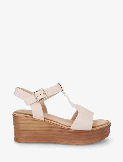 Sandales à talon compensé strié - Beige - 1