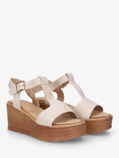 Sandales à talon compensé strié - Beige - 4